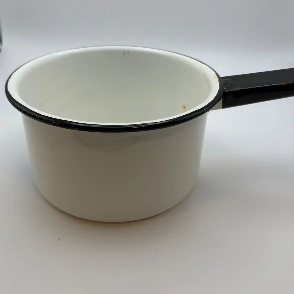 Vintage White Enamelware Double Boiler Saucepan Mug Black Trim Farmhouse 5 Piece